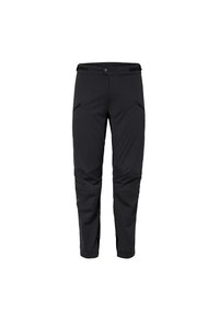 Pantalons softshell noirs avec une poche frontale zippée, une taille ajustable et des panneaux de genoux renforcés pour la durabilité et le confort.