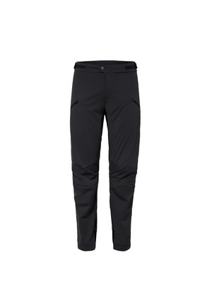 Pantalons softshell noirs avec une poche frontale zippée, une taille ajustable et des panneaux de genoux renforcés pour la durabilité et le confort.