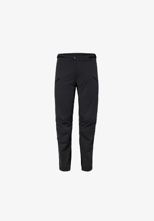Pantalons softshell noirs avec une poche frontale zippée, une taille ajustable et des panneaux de genoux renforcés pour la durabilité et le confort.