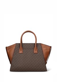 Bruine lederen handtas met een patroon in de stoffen middenpartij, hoekig ontwerp, dubbele bovenhandvatten en contrasterende tan kleurige zijpanelen.