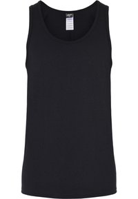 Sort tanktop lavet af bomuld, med rund halsudskæring, brede armhuller og en glat tekstur uden mønstre eller detaljer.