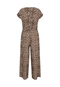 Leopardmönstrad jumpsuit med korta ärmar, lös passform och vida ben, tillverkad av lättviktig tyg med en mjuk textur.