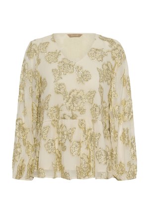 Cremefarbene Bluse mit langen Ärmeln, goldener Blumen-Stickerei mit Pailletten und V-Ausschnitt, versehen mit einem gerafften Bund für einen Schößcheneffekt.