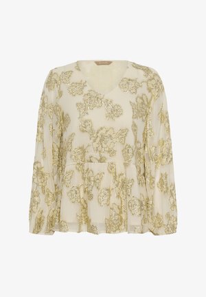 Kremowa bluzka z długim rękawem z złotym kwiatowym haftem z cekinów i dekoltem w kształcie litery V, z marszczonym pasem tworzącym efekt peplum.