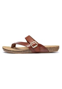 Braune Lederflip-Flops mit breitem Riemen, verstellbarer Metall-Schnalle, Korkfußbett und strukturiertem Gummi-Außensohle. Leichtes Design.