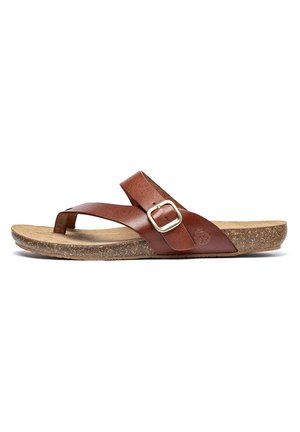 Braune Lederflip-Flops mit breitem Riemen, verstellbarer Metall-Schnalle, Korkfußbett und strukturiertem Gummi-Außensohle. Leichtes Design.