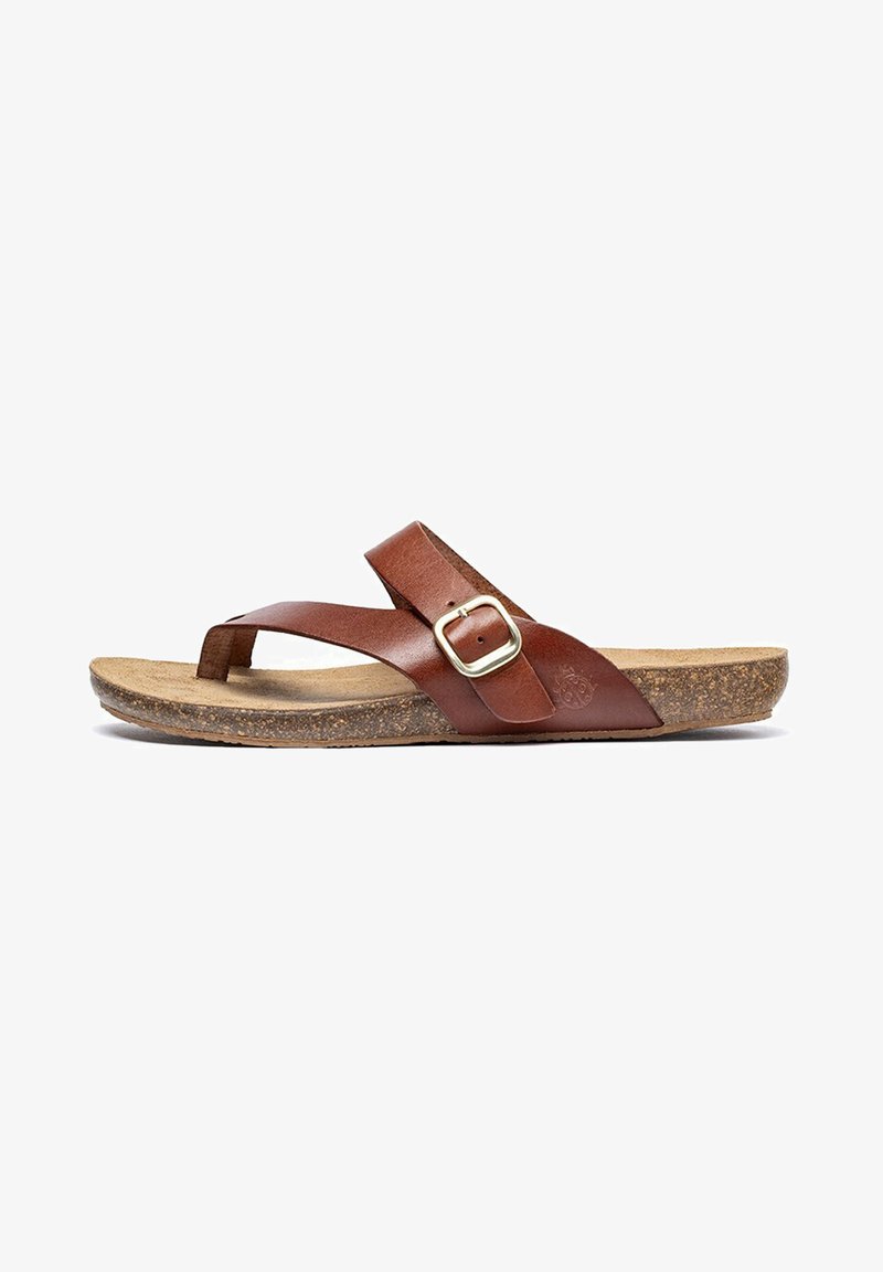 Brown leather flip-flop with a wide strap, adjustable metal buckle, cork footbed, and textured rubber outsole. Lightweight design.