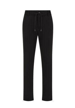Zwarte broek met een trekkoord in de taille, taps toelopende pijpen en een gladde textuur. Heeft een eenvoudig ontwerp zonder patronen of versieringen.
