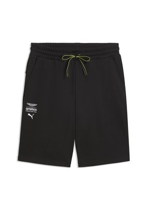 Shorts de sport noirs avec taille élastique et cordon de serrage néon, arborant les logos de Puma et de l'équipe Aramco de Formule 1 sur la jambe gauche.