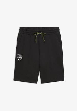Zwarte sportshorts met elastische tailleband en neonkoord, met Puma- en Aramco Formula One Team-logo's op het linkerbeen.