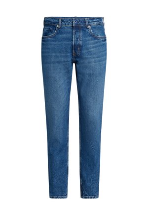 Blå denimjeans med rak benform, som har fem fickor, stängning med framknapp och kontrasterande orange sömmar.