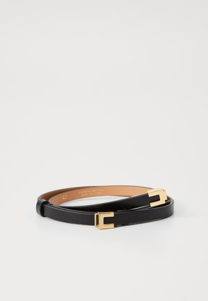 Ceinture noire en synthétique au design slim, dotée d'une boucle double en métal doré et d'une texture lisse. Taille 42 marquée à l'intérieur.
