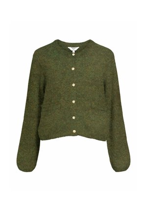 Zaļš adīts džemperis, kas izgatavots no mīkstas materiāla, arapaļo kaklu, garām piedurknēm un sešiem zelta pogām priekšpusē.