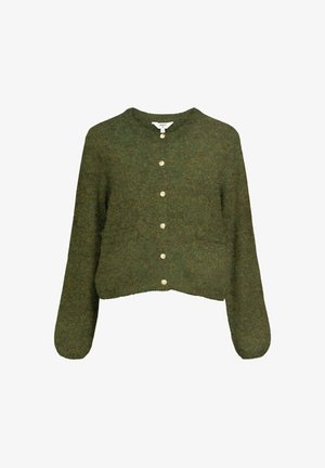 Grøn strikket cardigan lavet af blødt materiale, med rund halsudskæring, lange ærmer og seks guldknapper fortil.