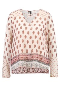 Blusa a maniche lunghe in crema chiaro con intricati motivi marroni e rossastri, caratterizzata da un scollo a V e un orlo decorativo a motivo.