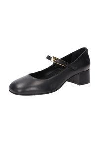 Chaussures Mary Jane en cuir noir avec un bout arrondi, un talon moyen et un strap ajustable avec un détail de boucle en or. Texture lisse.