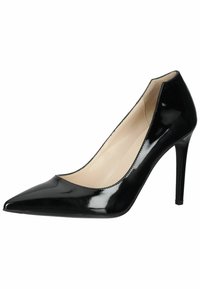 Zwarte patenten leren hoge hak schoen met een spitse neus en uitgesneden zijkanten, voorzien van een slanke stiletto hak en een gladde binnenvoering.