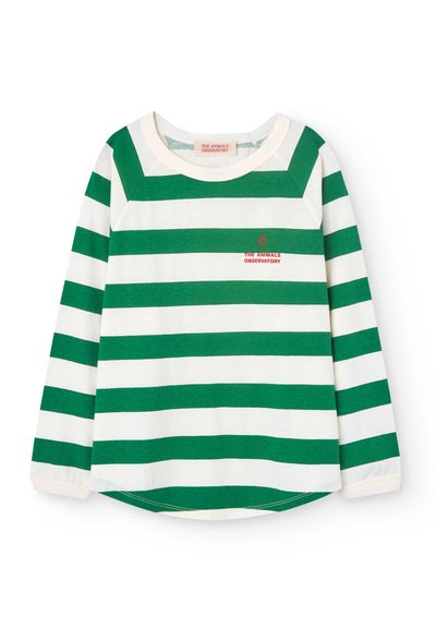 Camicia a maniche lunghe a righe verdi e bianche con scollo rotondo. Presenta un piccolo logo rosso sul petto. Tessuto morbido e vestibilità rilassata.