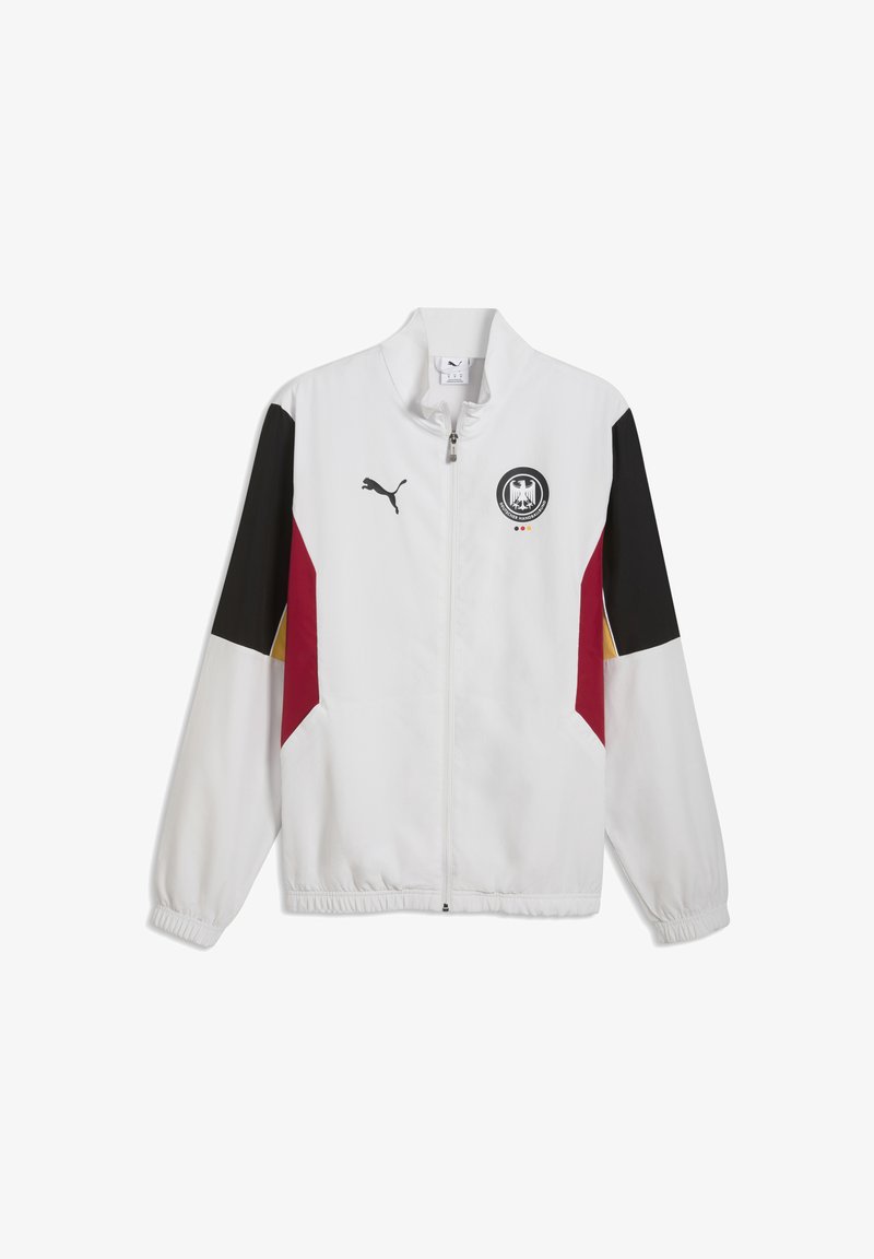 Biela športová bunda na zips s čiernymi, červenými a zlatými akcentmi na rukávoch, elastickými manžetami, logom Puma a čiernym emblémom orla na hrudi.