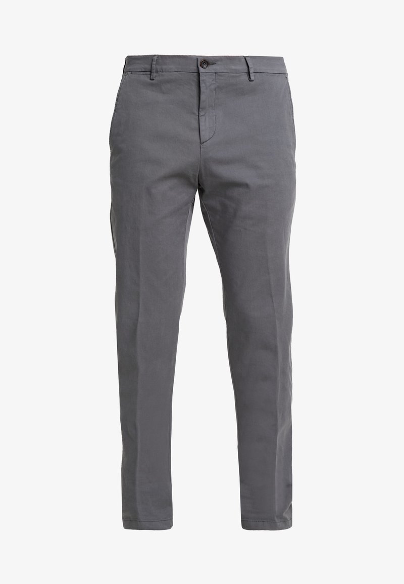 Pantalon droit gris pour homme avec passants de ceinture, fermeture à boutons devant et poches latérales, présenté sur fond blanc.