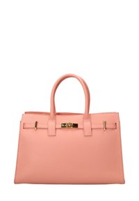 Roze leren handtas met twee korte handvatten, een gouden sluiting en een gestructureerd ontwerp. Textuurafwerking met strakke lijnen en minimale accenten.