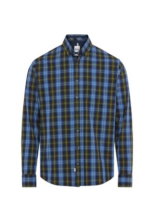 Camicia da uomo a maniche lunghe con bottoni, in motivo plaid blu, verde e nero. Tessuto in cotone con colletto a punta e polsini abbottonati.