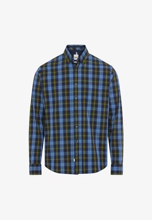 Heren overhemd met lange mouwen in een blauw, groen en zwart geruit patroon. Katoenen stof met een puntige kraag en knoopmanchetten.