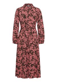 Rochie cu mânecă lungă, cu guler, prezentând un model floral roz și maro, talie strânsă și o siluetă dreaptă.