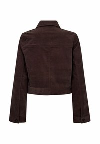 Rjava kordna kratka jakna s ovratnikom, dolgimi rokavi, sprednjimi žepi in gumbi na manšetah. Teksturni material.