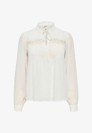 Weiße Bluse mit langen Ärmeln, Rüschensaum am Kragen, Spitzenakzenten und einem strukturierten Muster; hat einen Bindebandverschluss am Ausschnitt.