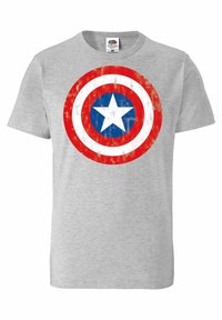 Graues Baumwoll-T-Shirt mit einem verwitterten runden Design des Captain America-Schilds in Rot, Weiß und Blau, mit einem schwarzen zentralen weißen Stern.