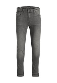 Jeans de mezclilla gris con corte slim, que presentan un clásico diseño de cinco bolsillos, cierre de botón y puños enrollados para un aspecto casual.