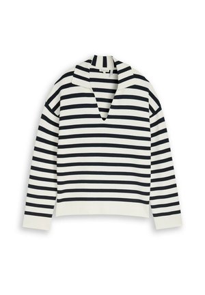 Long-sleeve white sweater with black horizontal stripes, featuring an open V-neck collar and a relaxed fit.