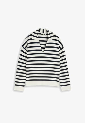 Pull blanc à manches longues avec des rayures horizontales noires, présentant un col en V ouvert et une coupe décontractée.