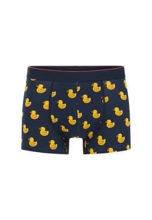 Dunkelblaue Boxershorts mit gelben Gummiente-Mustern, elastischer Bund mit roten Akzenten, schmaler Schnitt, glatter Stofftextur.