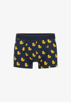 Boxers bleu marine avec des motifs de canards en caoutchouc jaunes, taille élastique avec des accents rouges, design ajusté, texture de tissu lisse.