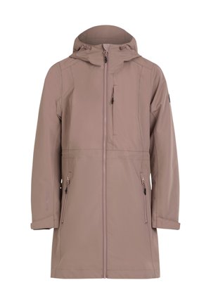 Impermeabile lungo color malva con cappuccio, cerniera frontale, due tasche laterali con zip e polsini regolabili.