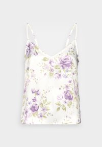 Camisole en satin blanc avec des fines bretelles et un motif floral léger en violet et vert, présenté sur un fond uni clair.