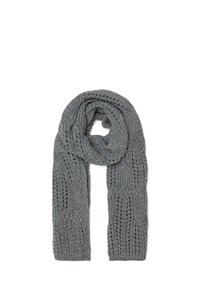 Écharpe en tricot gris avec un motif texturé, des détails en cable et des mailles ajourées. Matière douce et forme longue pour se draper.