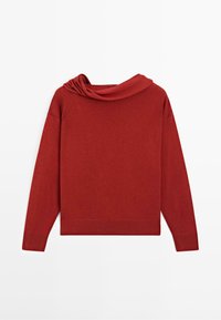 Long-sleeve rust red sweater with a loose cowl neck and ribbed cuffs and hem, laid flat on a white background.