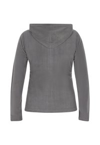 Giacca in pile grigia con cappuccio, maniche lunghe, una consistenza liscia e un design semplice. Presenta un orlo curvo e nessuna hardware visibile.