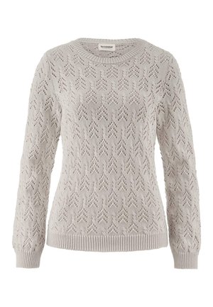 Lichtgrijze gebreide trui met lange mouwen en een zigzag kantpatroon over het geheel.