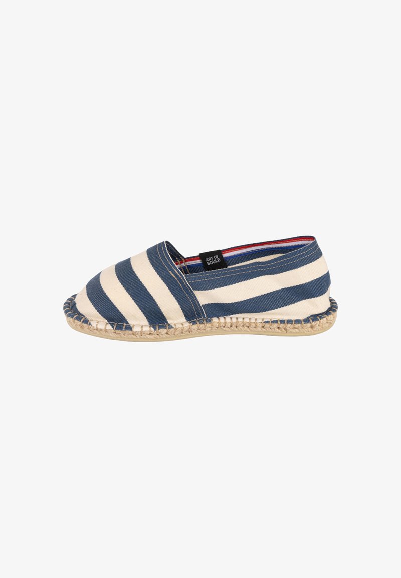 Espadrille décontractée à enfiler avec des rayures horizontales bleues et blanches, une semelle en tissu tressé, et une petite étiquette noire "Art of Soule".