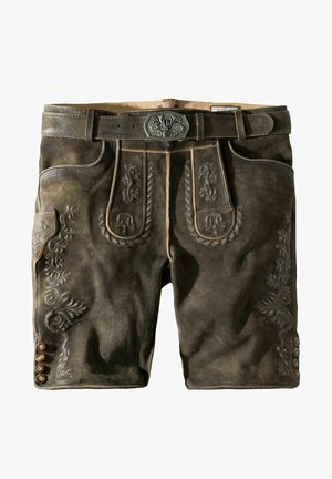 Braune Lederhose mit aufwändiger Stickerei, breitem Bund, dekorativen Knöpfen und Seitenstaschen. Glatte, texturierte Oberfläche.