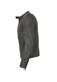 Schwarze Lederjacke mit schmaler Passform, ausgestattet mit einem Stehkragen, einem Reißverschluss vorne und seitlichen Taschen. Glatte Textur mit minimaler Detailgestaltung.