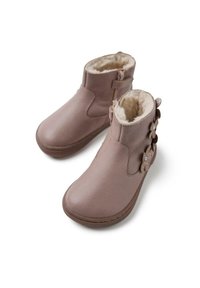 Stivaletti alla caviglia in pelle rosa chiaro con fodera in pelliccia sintetica, zip laterale e decorazioni a forma di fiore sul lato esterno. Design con punta rotonda.