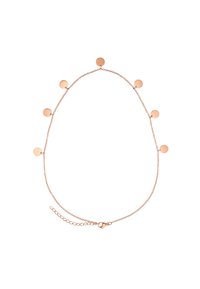 Collana in oro rosa con una delicata catena e pendenti circolari distribuiti uniformemente, dotata di chiusura a moschettone e lunghezza regolabile.