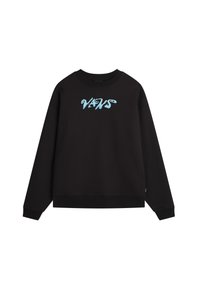 Sudadera negra de manga larga, con puños y dobladillo acanalados. Presenta un gráfico azul de "VANS" en la parte frontal. Fabricada con un tejido suave y texturizado.