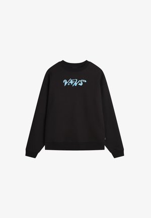 Sudadera negra de manga larga, con puños y dobladillo acanalados. Presenta un gráfico azul de "VANS" en la parte frontal. Fabricada con un tejido suave y texturizado.