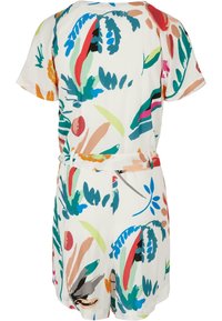 Kleurrijke rompert met bloemenprint van zachte stof, met korte mouwen, een ceintuur op de taille en een losse pasvorm. Achtergrond is wit.